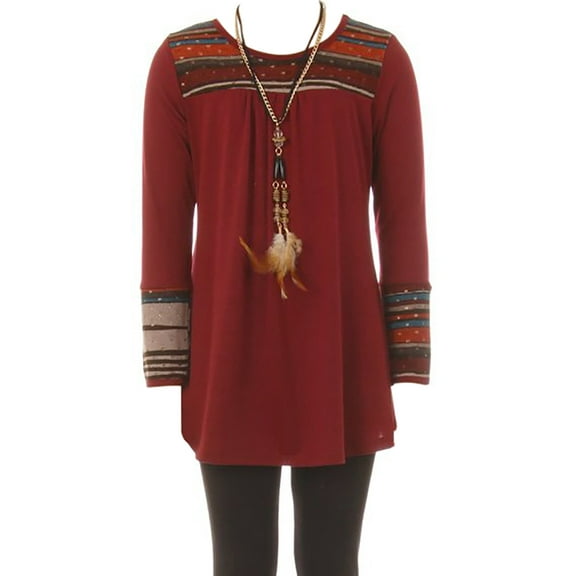 Little Girls 3 Pieces Girl Pant Set Long Sleeve Top Necklace Legging Winter Clothing Set Burgundy 4 (J21KS49S)