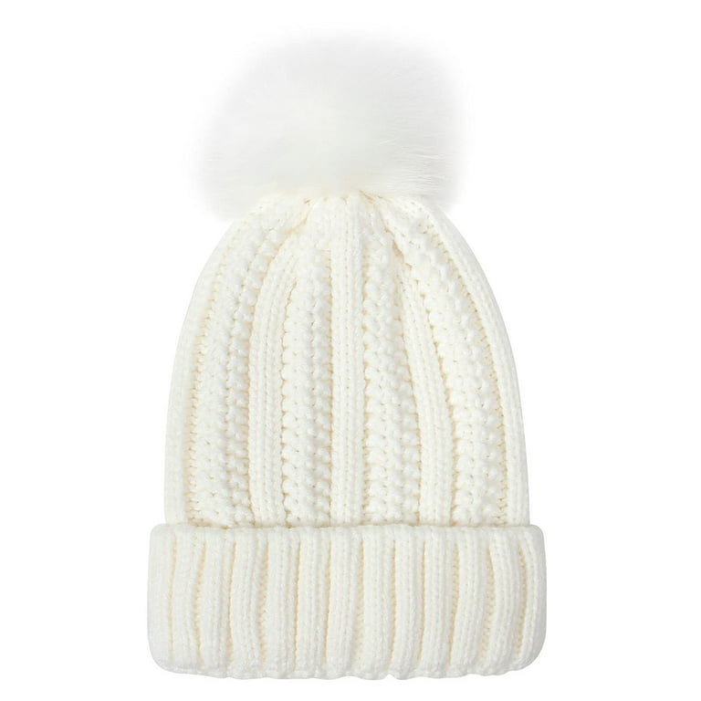 Kddylitq Beanie Light Faux Fur Pompom Furry Hat Cable Knit Chunky Classic Winter Soft Pompom White Free size, Women's, Size: One Size