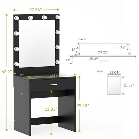 Tribesigns Vanity Set With Lighted Mirror Makeup Dressing Table Dresser Desk For Bedroom Black 10 Cool White Led Bulbs