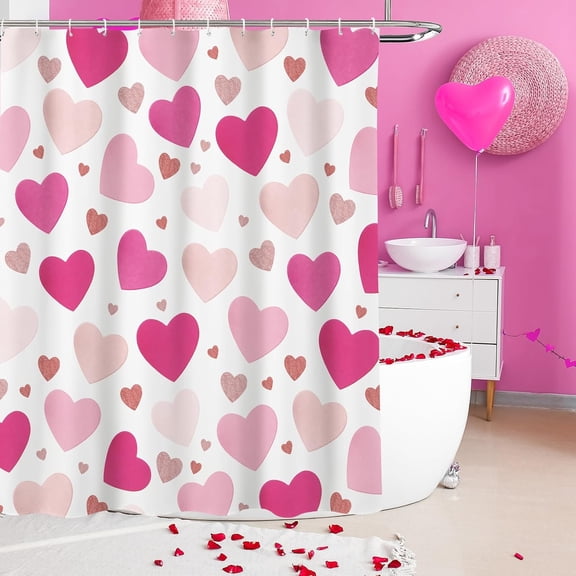 Valentines Shower Curtain Hot-Pink Rose-Gold Love Hearts Shower Curtain for Valentine''s Day Bathroom Decor Sweetheart Bathroom Curtains Washable Durable Fabric 72x72 in