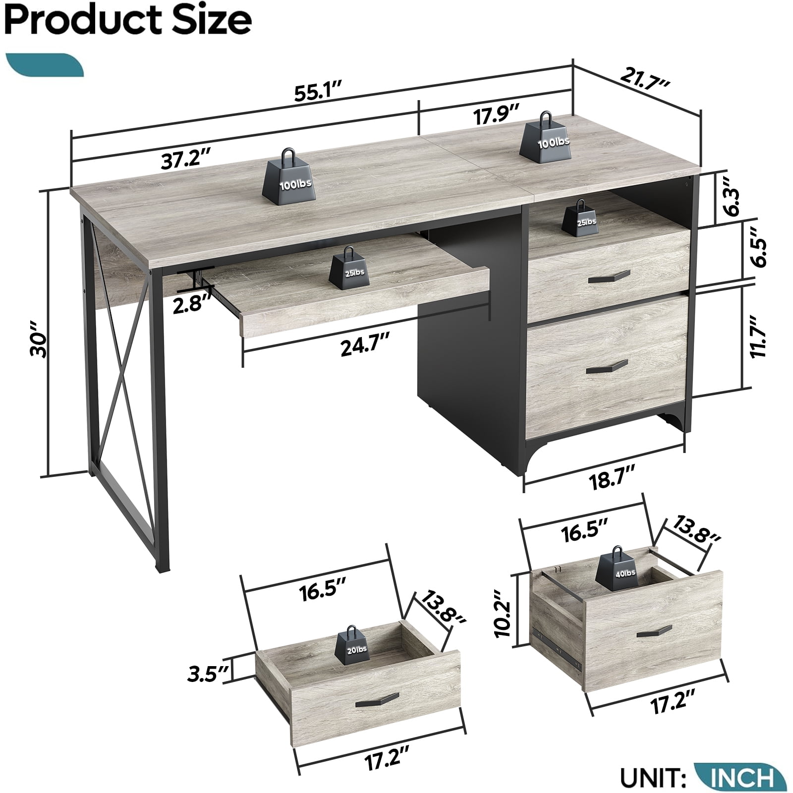 Bestier 55 inches Computer Desk with Storage Drawers & Keyboard Tray & File Drawer Home Office Desk in Gray