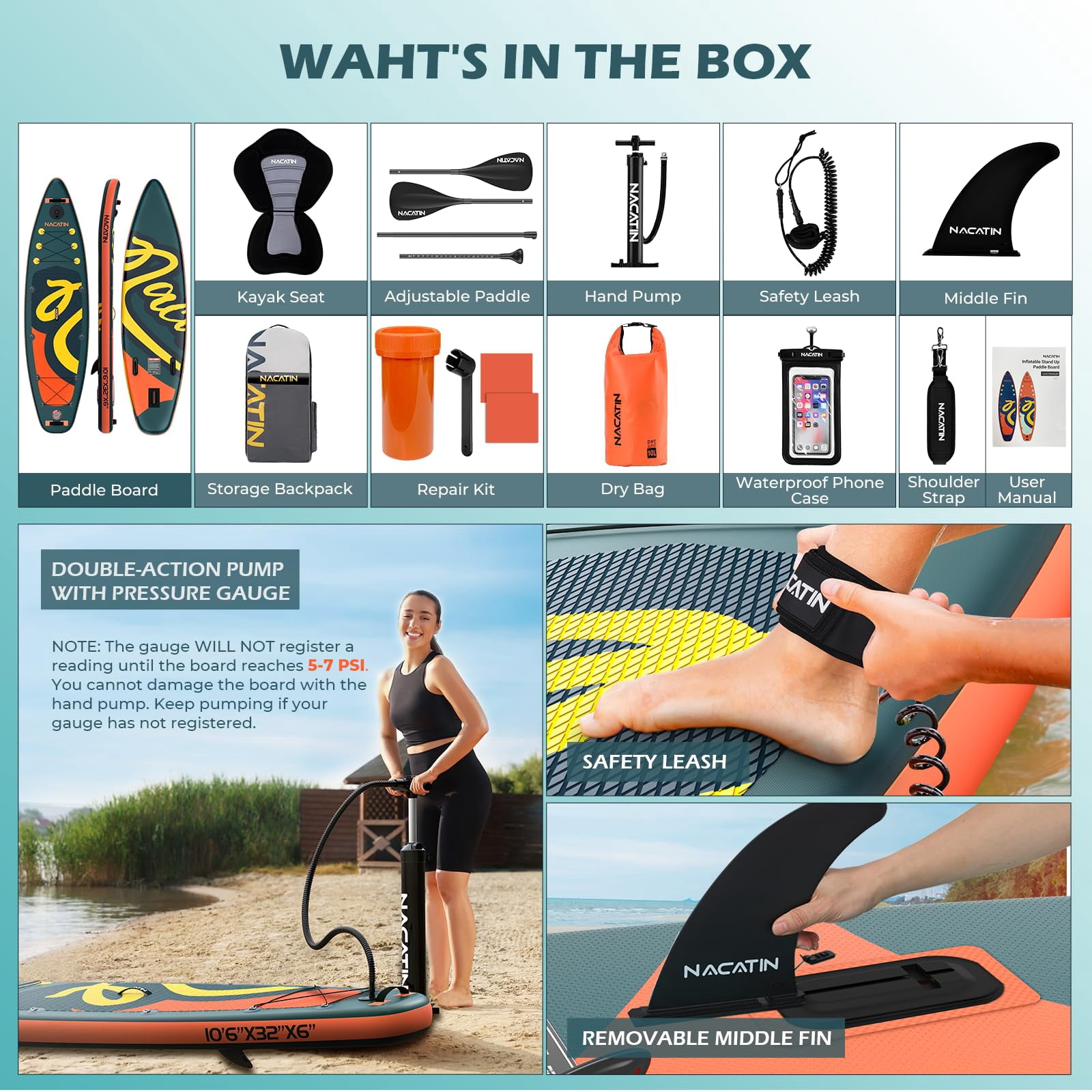 Upgraded Version 10'6" Inflatable Paddle Board Nacatin Stand-Up Paddleboard with Kayak Seat, Premium SUP Board Accessories Kit and Backpack