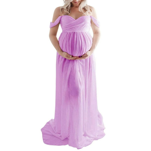 SAYOO Vestido de maternidad para fotografía Color sólido Fuera del hombro Vestido de gasa Frente Split Vestidos largos de embarazo para sesión de fotos SAYOO casual