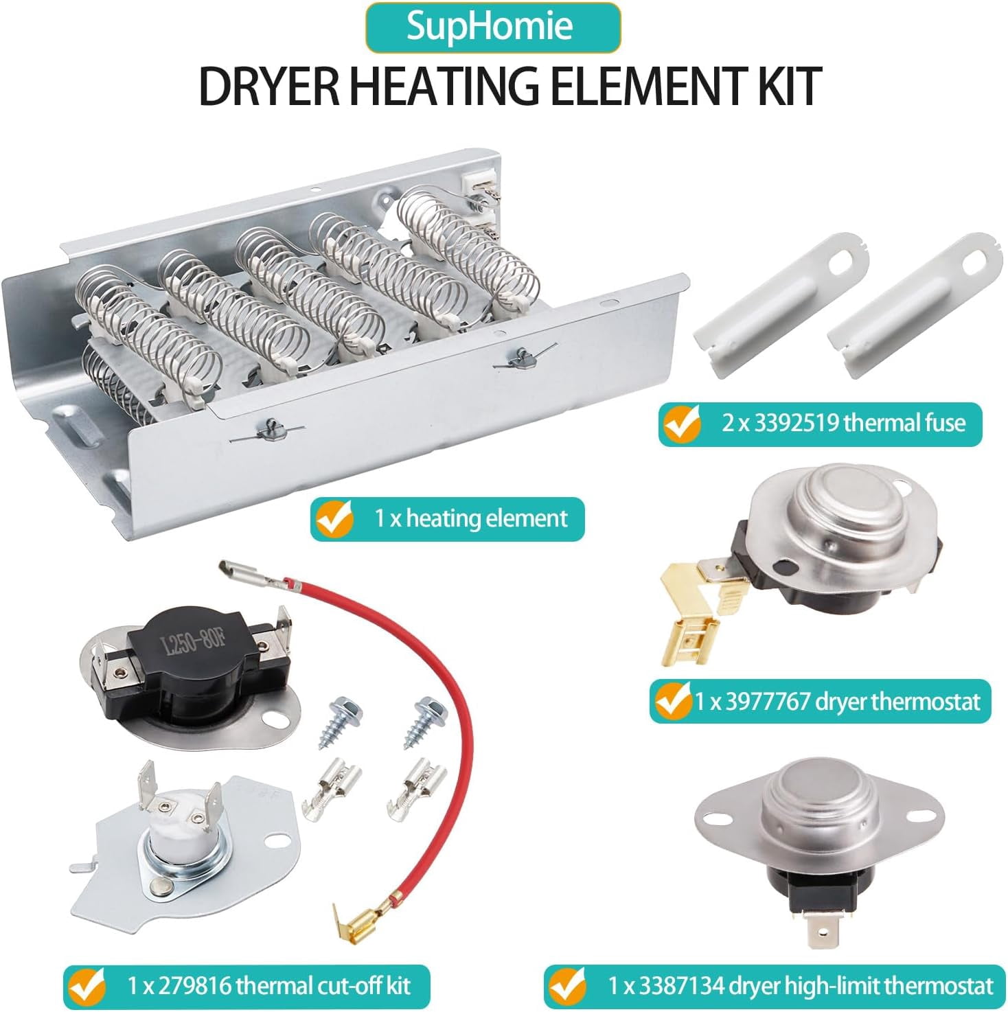 MEDC200XW1 MEDB755DW2 MEDC215EW0 MEDC215EW1 Dryer Heating Element Kit Fit for May-tag MEDC200XW2 MEDC200XW3 MEDC400BW0 MEDB766FW0 MEDB755DW0 MEDC200XW0 MEDC400BW1 MEDC415EW0