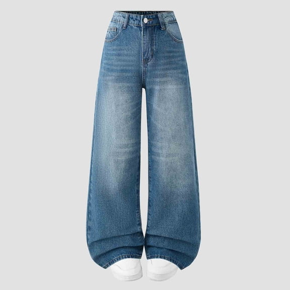 Amidoa Girls Jeans Wide Leg Baggy Straight Leg High Waist Casual Denim Pants,Blue,Size 14
