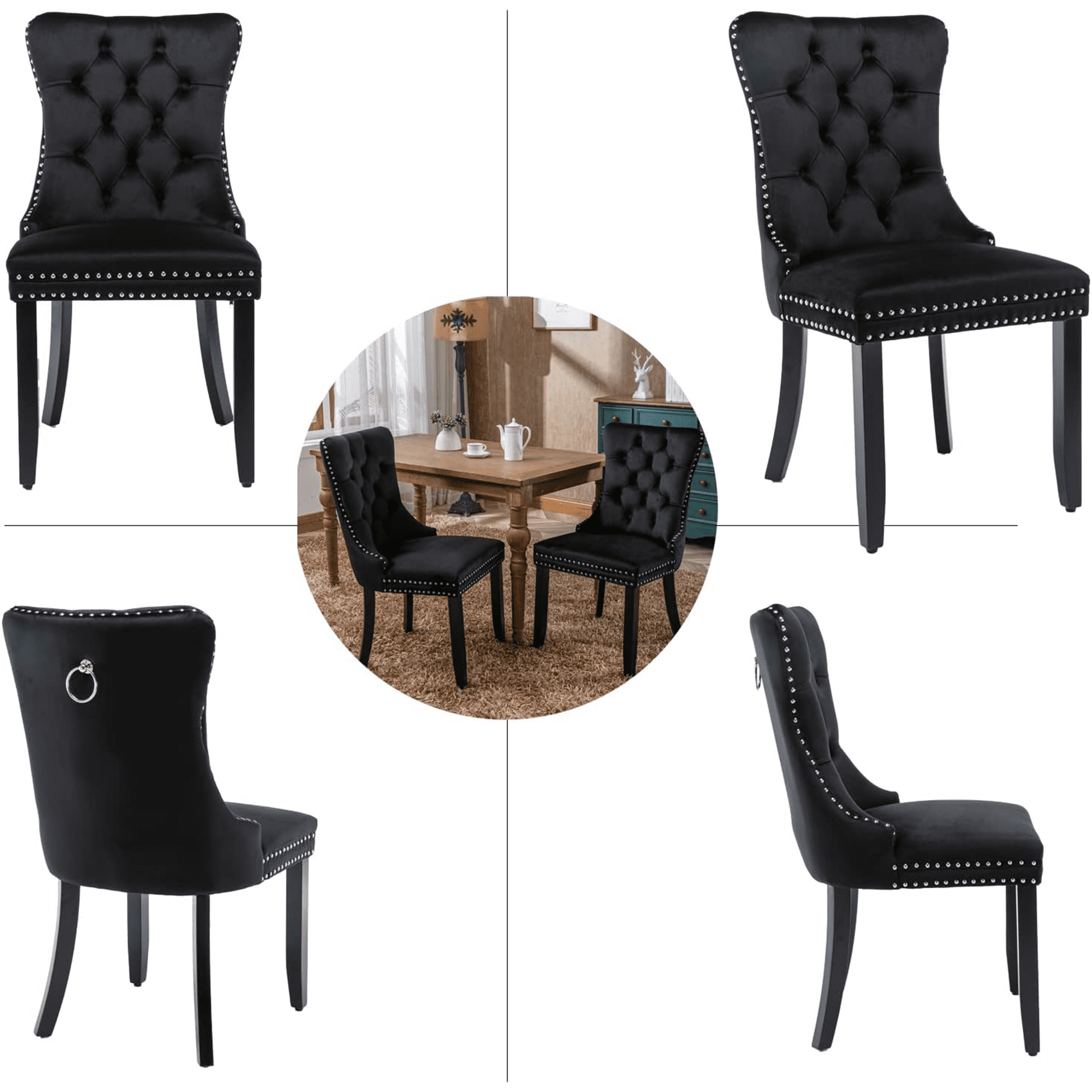 Paproos Dining Chairs Set of 2, Upholstered High-End Tufted Dining Room Chair with Back Ring and Nailhead Trim, Modern Velvet Kitchen Chairs with Solid Wood Legs for Kitchen, Home,Black