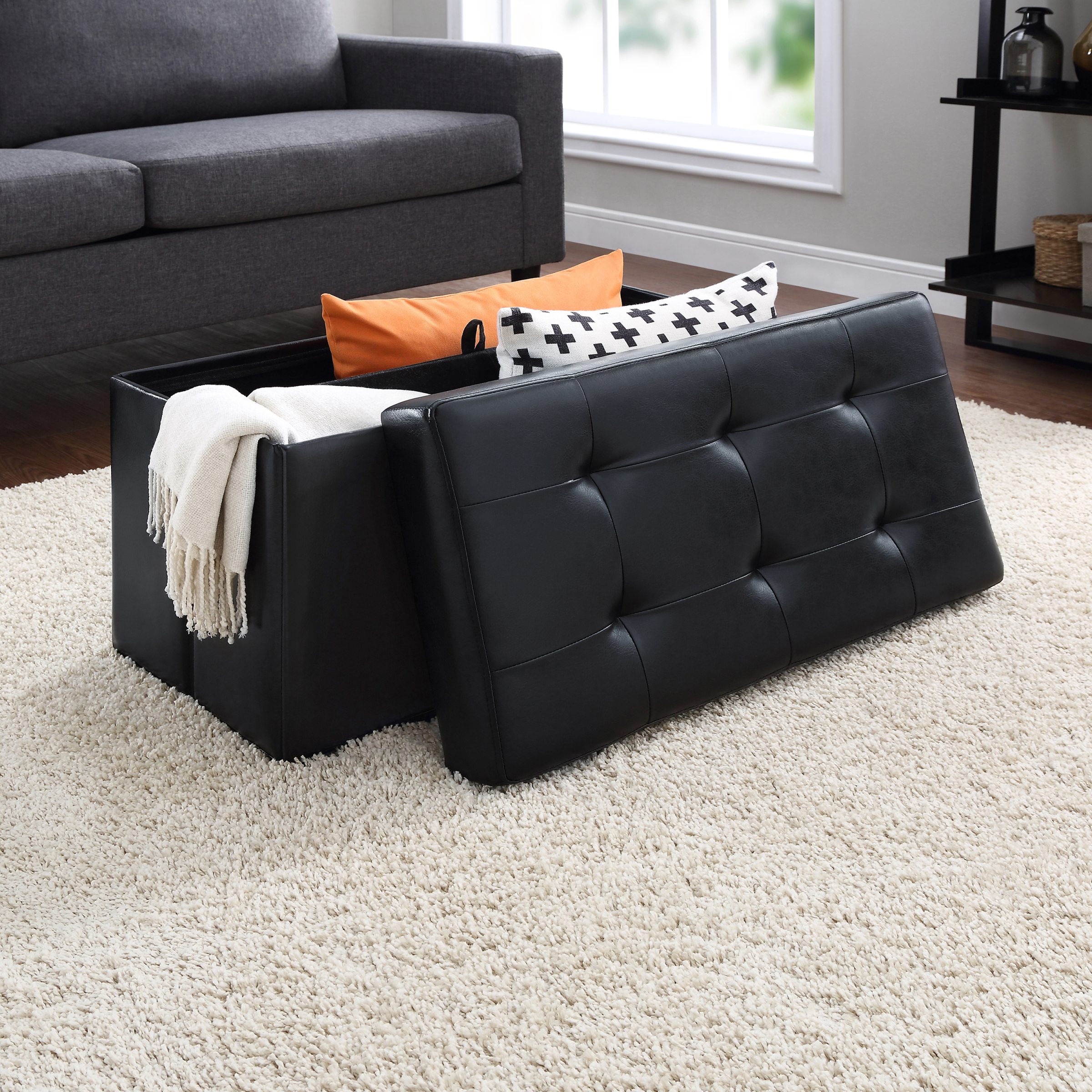 Mainstays 30-inch Collapsible Storage Ottoman, Quilted Black Faux Leather - image 2 of 6