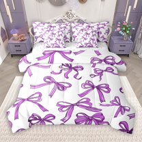 Manfei White Purple Ribbon 7-Piece Twin Bedding Sets for Kids, Kawaii Cartoon Bowknot Bedding Comforter Set, Cute Princess Style Reversible Sheet Sets, Breathable Home Decor