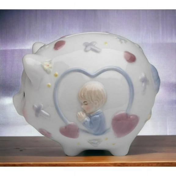 Ceramic Praying Boy Piggy Bank 4.5 inch Religious Decor Baptism Gift Nursery Decor