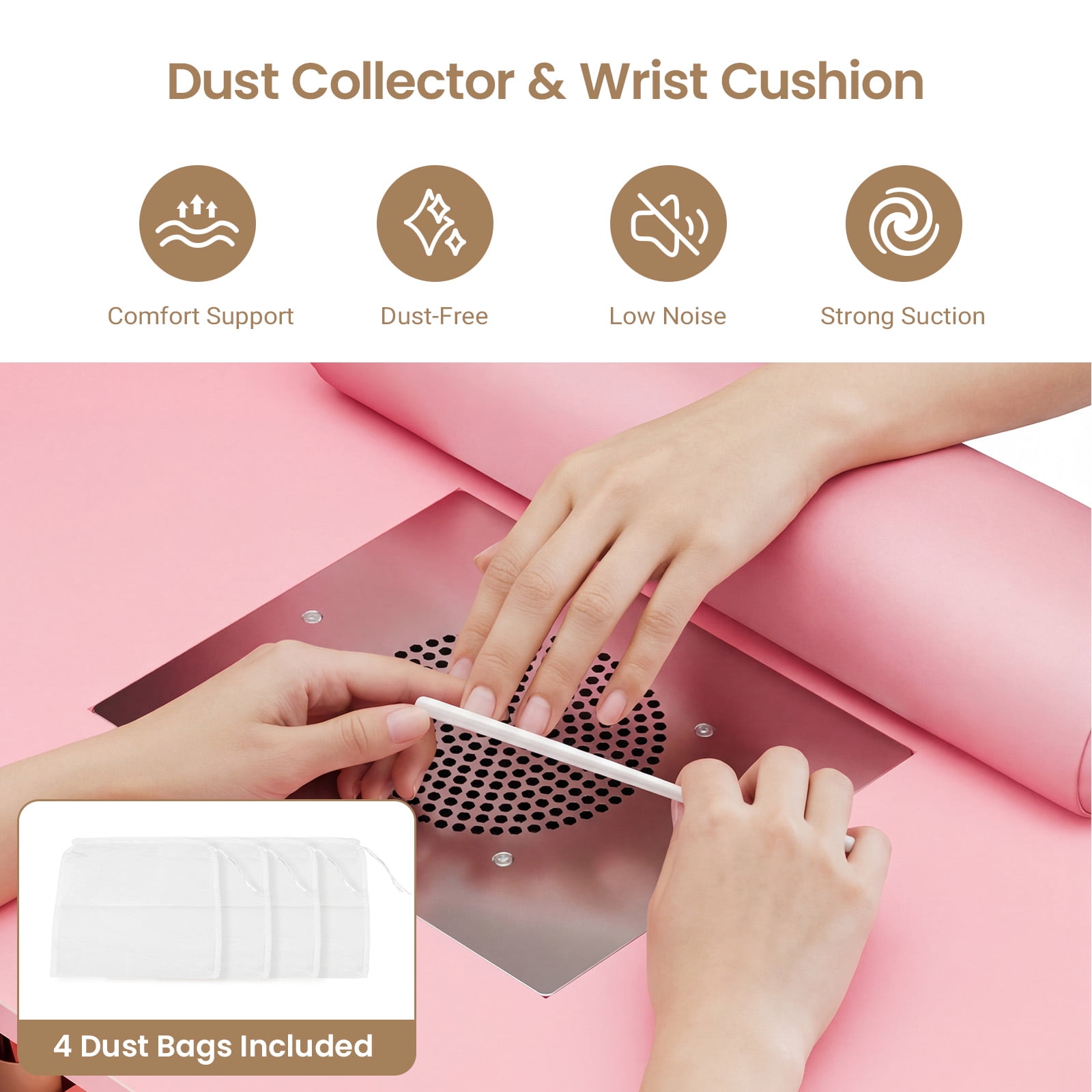 Advwin Professional Manicure Table with Extendable Nail Polish Cabinet, Dust Collector, LED Light & Wrist Rest, Rolling Nail Desk for Nail Tech, Beauty Nail Station for Home & Salon, Pink