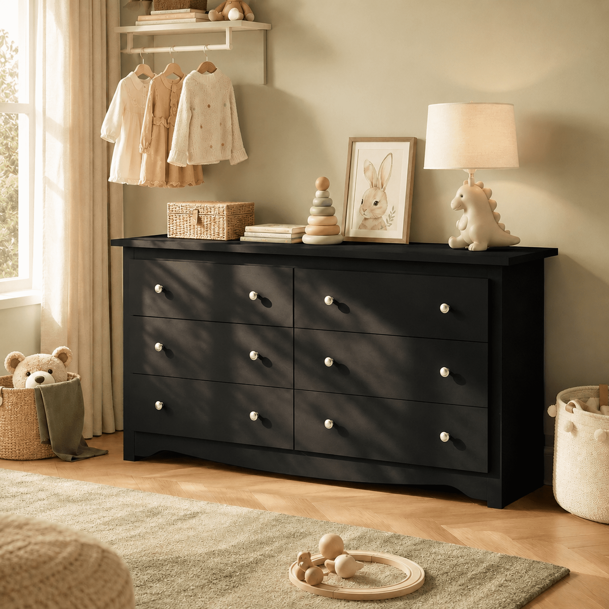 GALAXHERO Modern Wood Dresser with 6 Drawers – Wide Storage Chest for Bedroom, Living Room, Closet, Hallway – Large Organizer Nightstand Unit, 59”W, Black