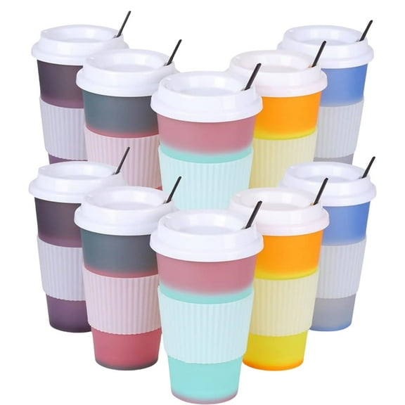 HXRH 16 Oz Color Changing Cups,Leak-Proof Hot Drink Tumblers with Lids,Reusable Plastic Cup,Durable Coffee Cups,Multicolor Travel Tumblers,for Kids and Audlts Party Favors 10 Pack