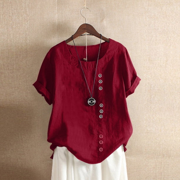 Puntoco - Camiseta de lino con botones sueltos para mujer, talla grande, para uso diario, estilo bohemio, tanic Puntoco Puntoco-3940