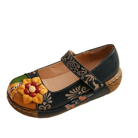 

Gzztg Womens Dress Shoes Low Heel Women Folk-Custom Color Block Hollow-Out Manual Flower Printing Splice