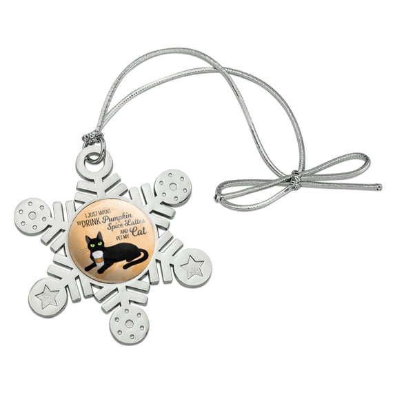I Just Want to Drink Pumpkin Spice Lattes and Pet My Cat Metal Snowflake Christmas Tree Holiday Ornament