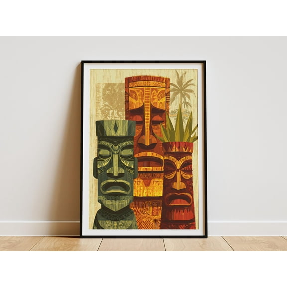 Tiki Gods Poster Hawaiian Wall Art Tribal Pattern Print Vintage Travel Poster Tropical Island Art Vacation Home Decor Tiki Bar Decor - Poster Unframed