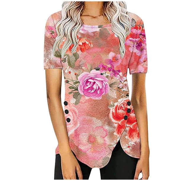 Blusas de Manga Corta para las Mujeres Botón Impreso Cuello Redondo Top Casual, Blusas para las Mujeres Casual