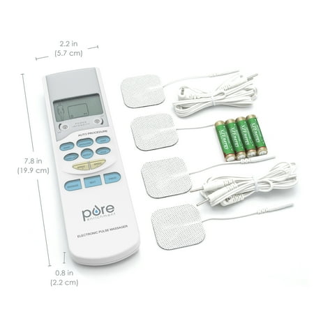 Pure Enrichment PurePulse TENS Electronic Pulse Stimulator Featuring Comprehensive LCD Screen, 6 Programs, 3 Massage Settings, and 2 Channels - Includes 4 AAA Batteries + 4 Reusable Electrode Pads