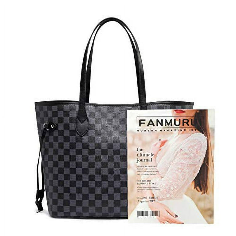 Daisy Rose Tote Shoulder Bag and Matching Clutch for Women - PU Vegan  Leather Handbag for Travel Work and School - Black Checkered 