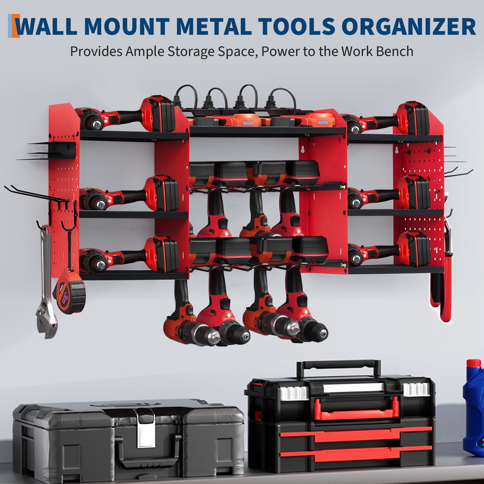 Ataucjin Heavy Duty Wall Mount Tool Organizer Rack, 3-Tier Metal Garage Storage with 8 Drill Slots & Hooks, 240 Lbs Capacity Power Tool Organizer for Workshop, Garage, Gift for Men