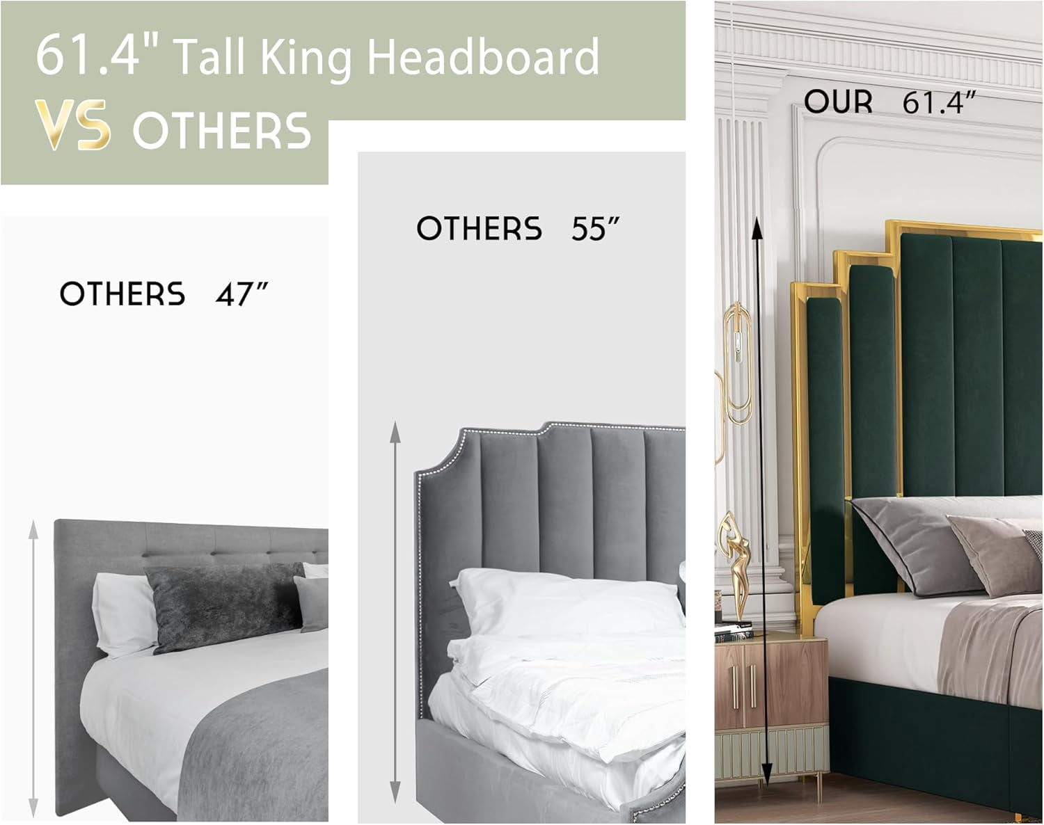 Merluxy King Size Bed Frame and 61" Headboard, Upholstered Bed with Golden Plating Trim, Modern Platform Bed No Box Spring Needed, Green