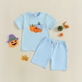 thumbnail image 5 of Likimi Toddler Kids Boys Two Piece Outfit Short Sleeve Halloween Pumpkin Print Crew Neck Tops With Shorts Summer Fashion Outfit Set Sky Blue Size 3-4 Years, 5 of 8