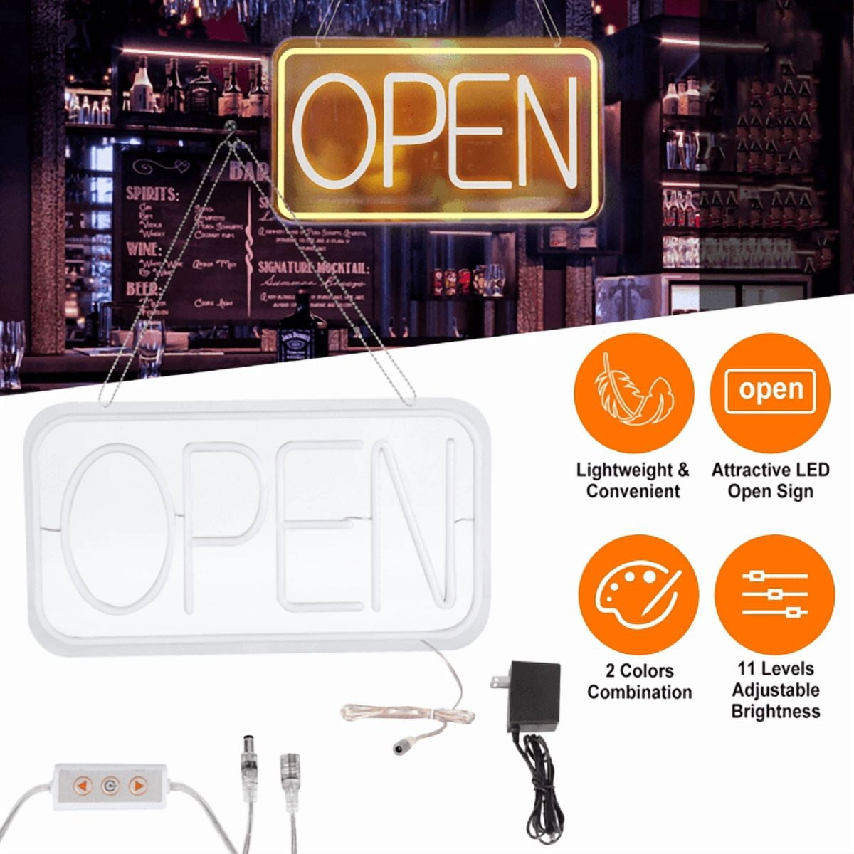 LED Neon Open Sign, Dimmable Business Store Front Light Sign with Controller & Hanging Chain, Dual‑Color Lighting for Cafe, Restaurant, Salon Indoor Use