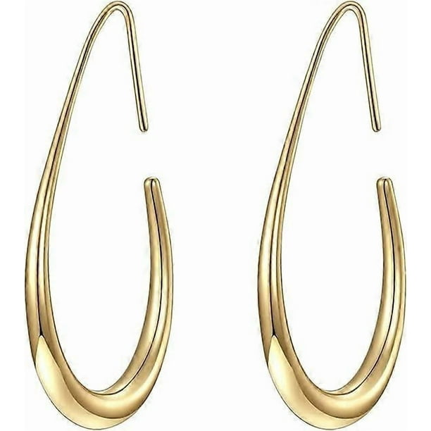 Lightweight Teardrop Hoop Earrings for Women - 14k Gold/White Gold Plated Large Oval Pull Through Hoop Earrings High Polished Statement Jewelry