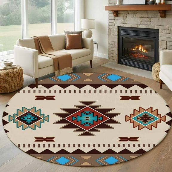 Boho Southwest Round Area Rug 5 FT, Non Slip Bedroom Area Rug, Farmhouse Aztec Tribe Brown Blue Plaid Washable Soft Circular Carpet Non-Shedding Floor Mat for Kitchen Dining Room Foyer Balcony Dorm