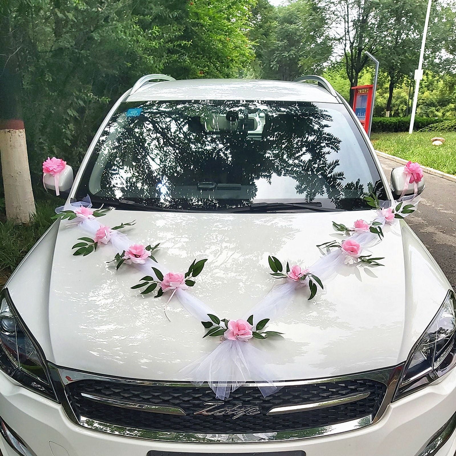 Kjislet Wedding Car Flower Plate Ribbon Bows Set, Door Handle Ornament Supplies, Party Event Accessories, Silk Organza Wreath, 1Pcs, Yarn Length 1.6 Meters