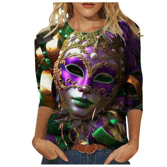 Mikilon Women 3/4 Sleeves Casual Shirts Pullover Loose Tops Round Neck Print Blouse