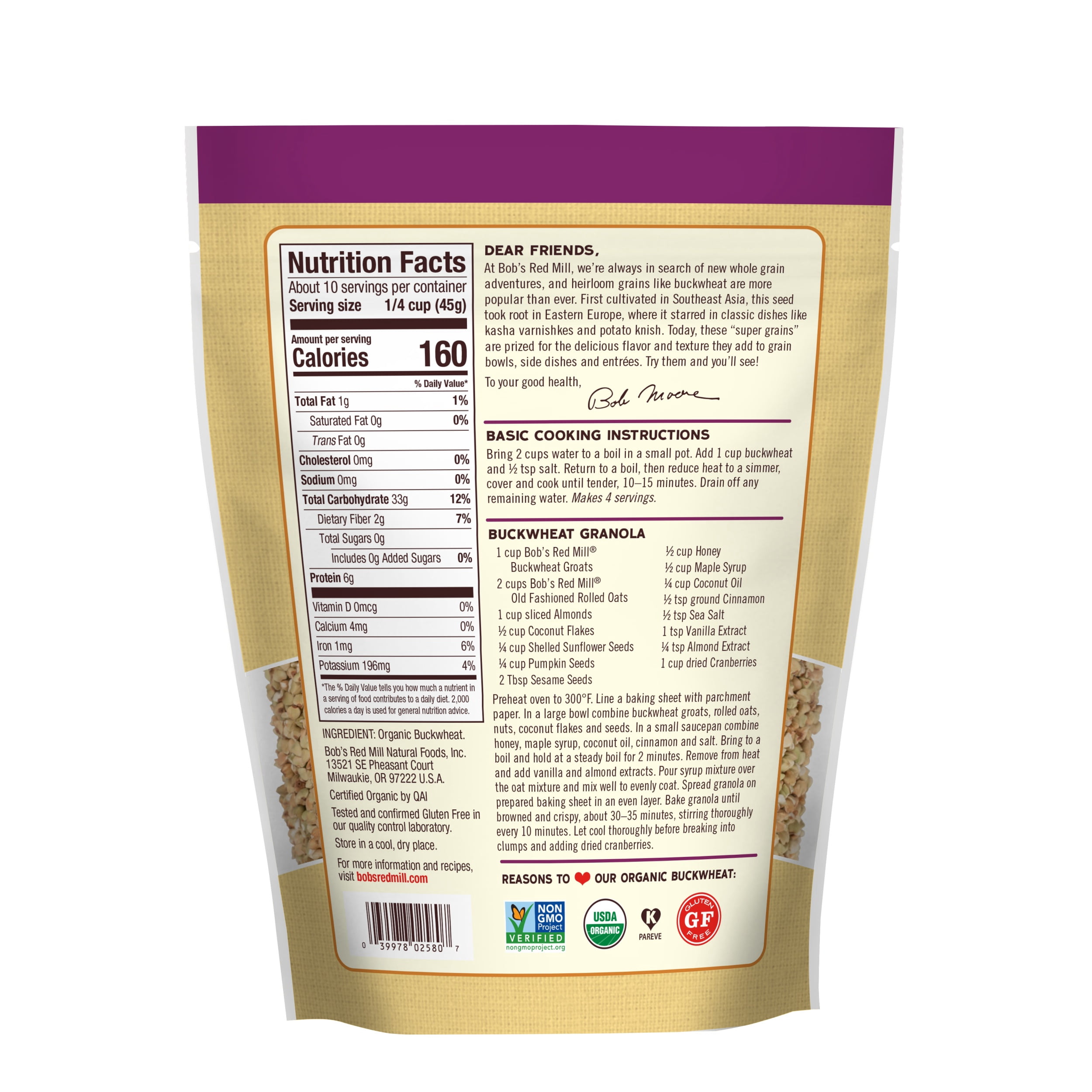 Bob's Red Mill Organic Whole Grain Buckwheat, 16 oz