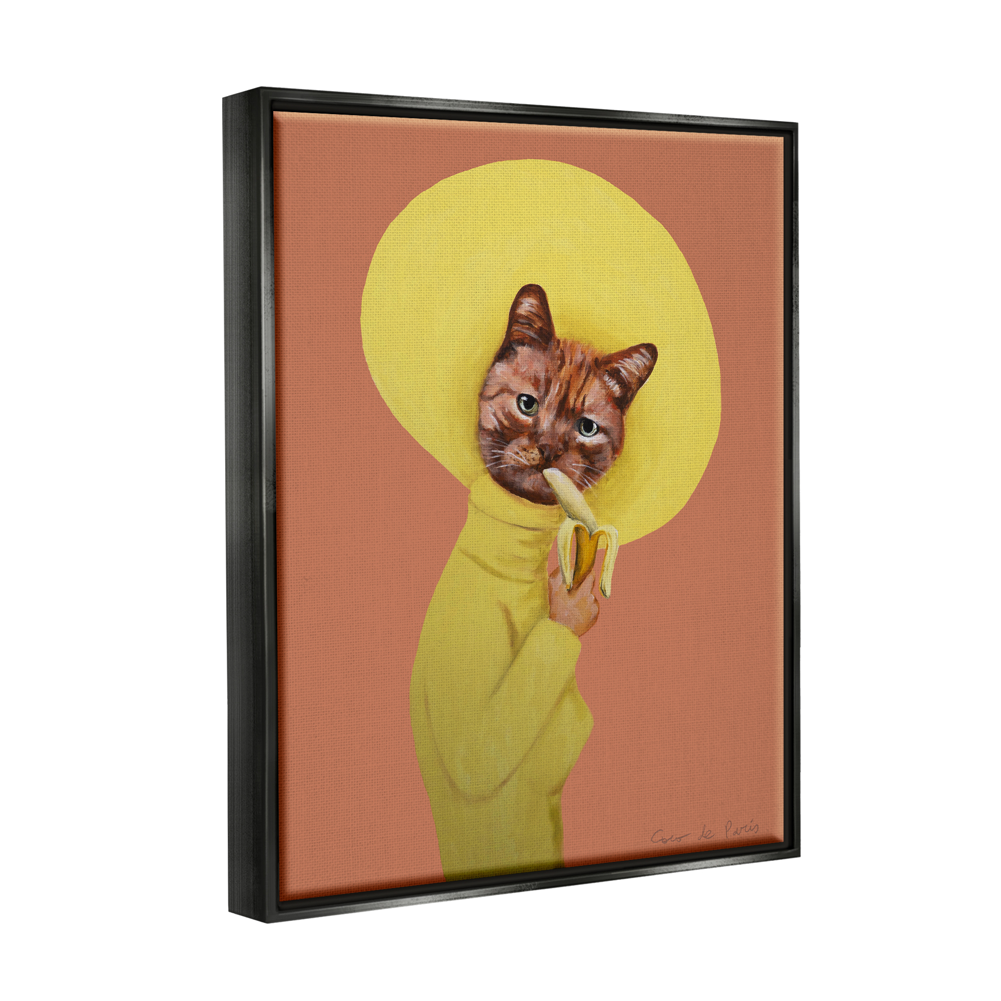Stupell Industries Yellow Cat Eating Banana Painting Animals & Insects Painting Black Floater Framed Art Print Wall Art