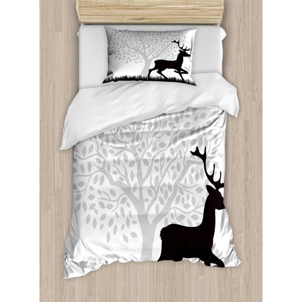 Deer Hunting Duvet Cover Set Twin Size, Gracious Wild Animal with Horns