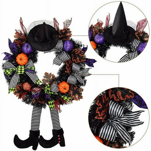 Halloween Hat Legs Wreath-Fall Wreath for Front Door Decor,Sunflower, Fall Harvest, Holiday Decor, Fall Floral Decor
