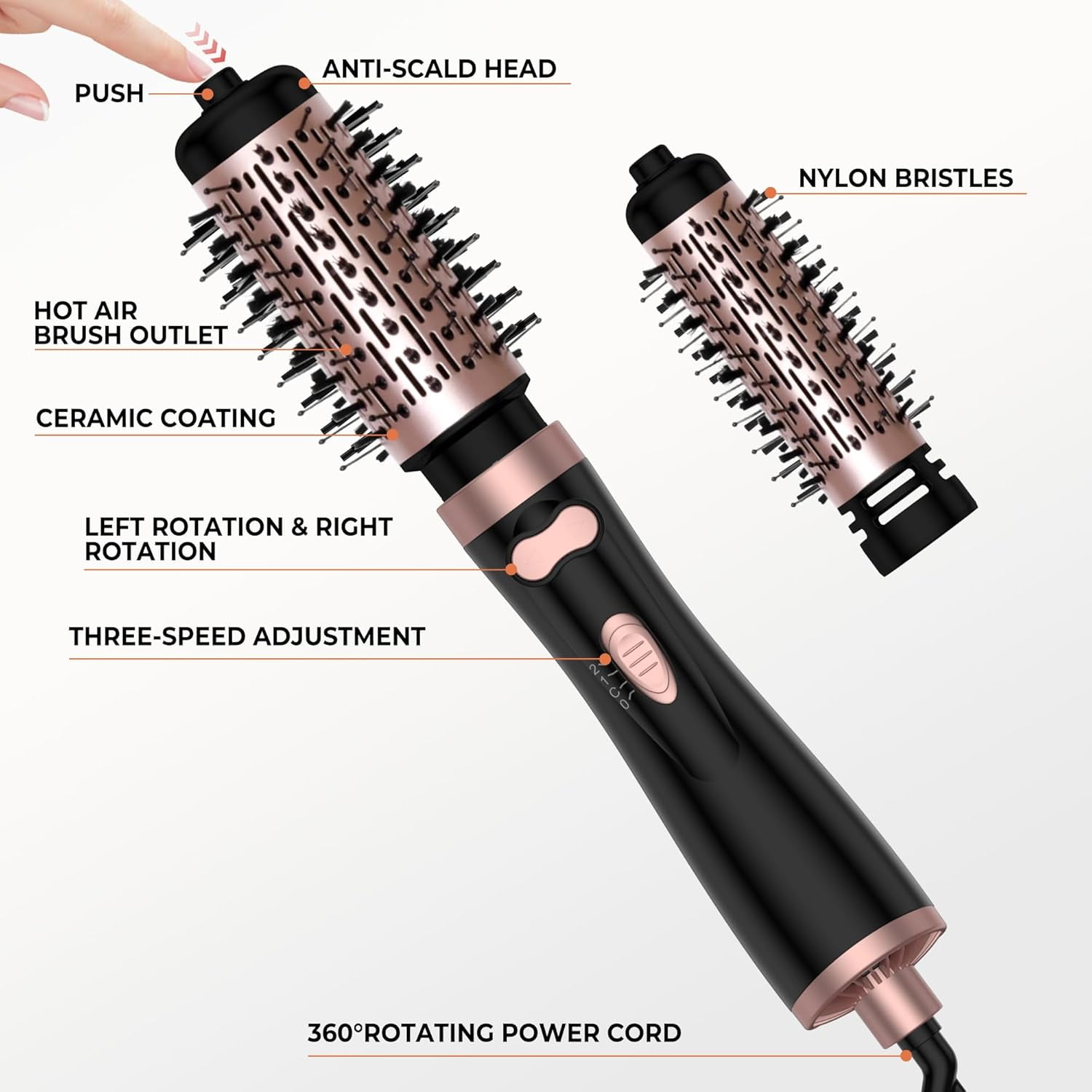 3 in 1 Rotating Hair Dryer Brush with Ionic Technology, Auto Spinning Blow Dryer for All Hair Types, 2 Detachable Brushes, 3 Heat Speed Settings, Corded Electric Styling Tool