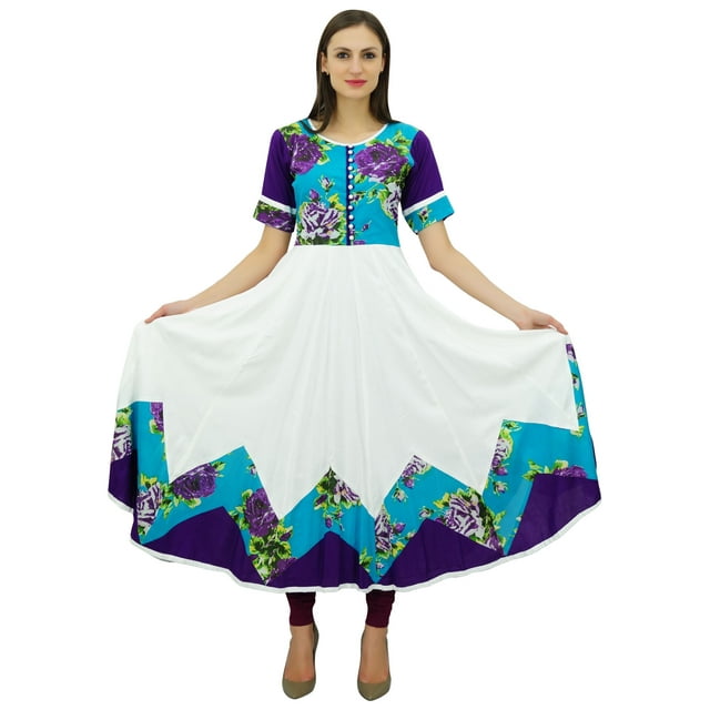 Bimba Kurti en Coton à Imprimé Floral pour Femmes, Robe Longue Maxi de Designer, Kurta Évasée à Manches Courtes, Vêtements Indiens