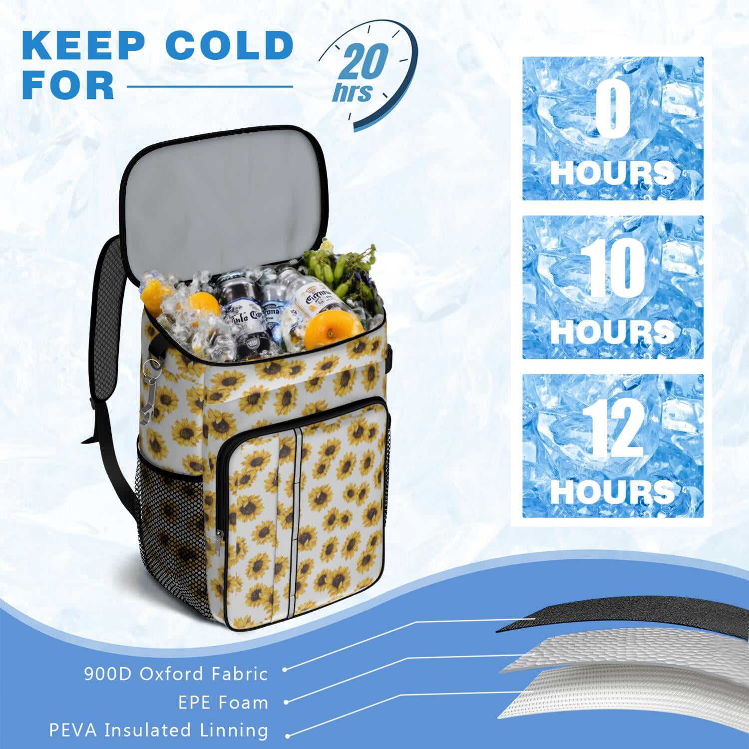 Travel Cooler Bag - White Sunflower Camping Beer Cooler Backpack with Bottle Opener- Waterproof Insulated Picnic Backpacks - Cooler Bag for Beach
