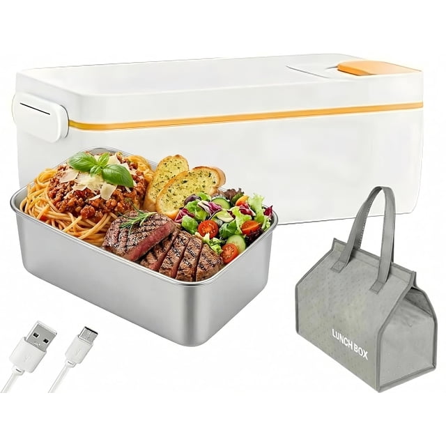 Cordless Electric Lunch Box, Self Heating Food Warmer, Portable Rechargeable Stainless Steel Bento Box for Work, Travel, Battery Powered, No Water Required, 1 L with Insulated Bag
