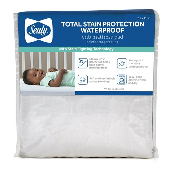 Sealy Total Stain Protection Waterproof Fitted White Crib Mattress Pad, Crib/Toddler Bed Protector, 52" L x 28" W