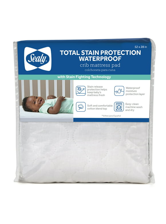 Sealy Total Stain Protection Waterproof Fitted Crib Mattress Pad, Crib/Toddler Bed, 52" L x 28" W