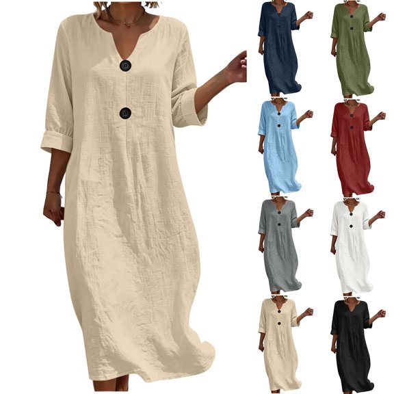 Hzzrkos Women Casual Vintage Loose Solid Color Three‑Quarter Sleeve V‑Neck Button‑Up Maxi Dress for Daily Vacation Beach Outdoor Occasions