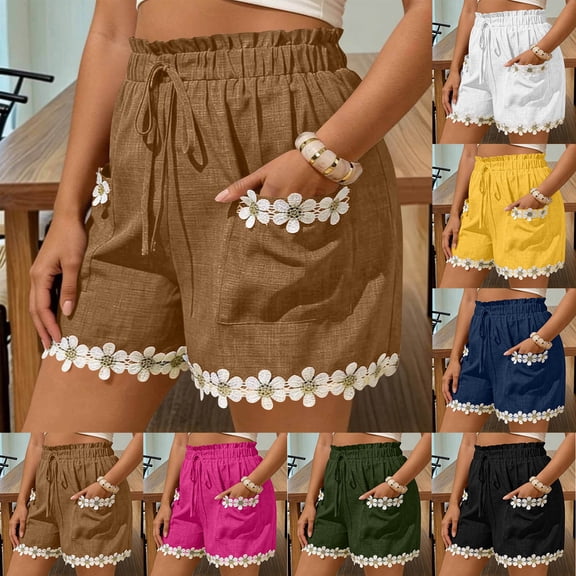 YanHoo Shorts for Women Trendy Floral Patchwork Boho Vacation Short Pants Elastic Waisted Drawstring Casual Beach Shorts with Pockets