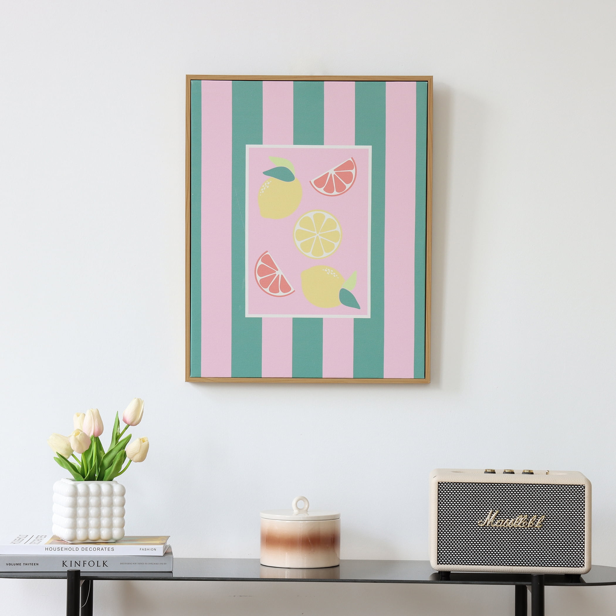 Mainstays Pink and Green Stripped Canvas Wall Art with Fruit