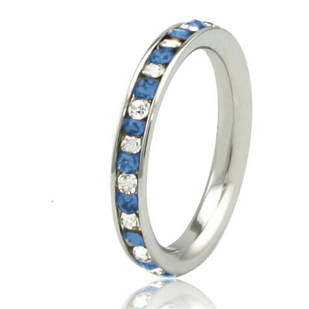 Stainless Steel Blue Sapphire & White Crystal Channel Eternity Stackable Ring