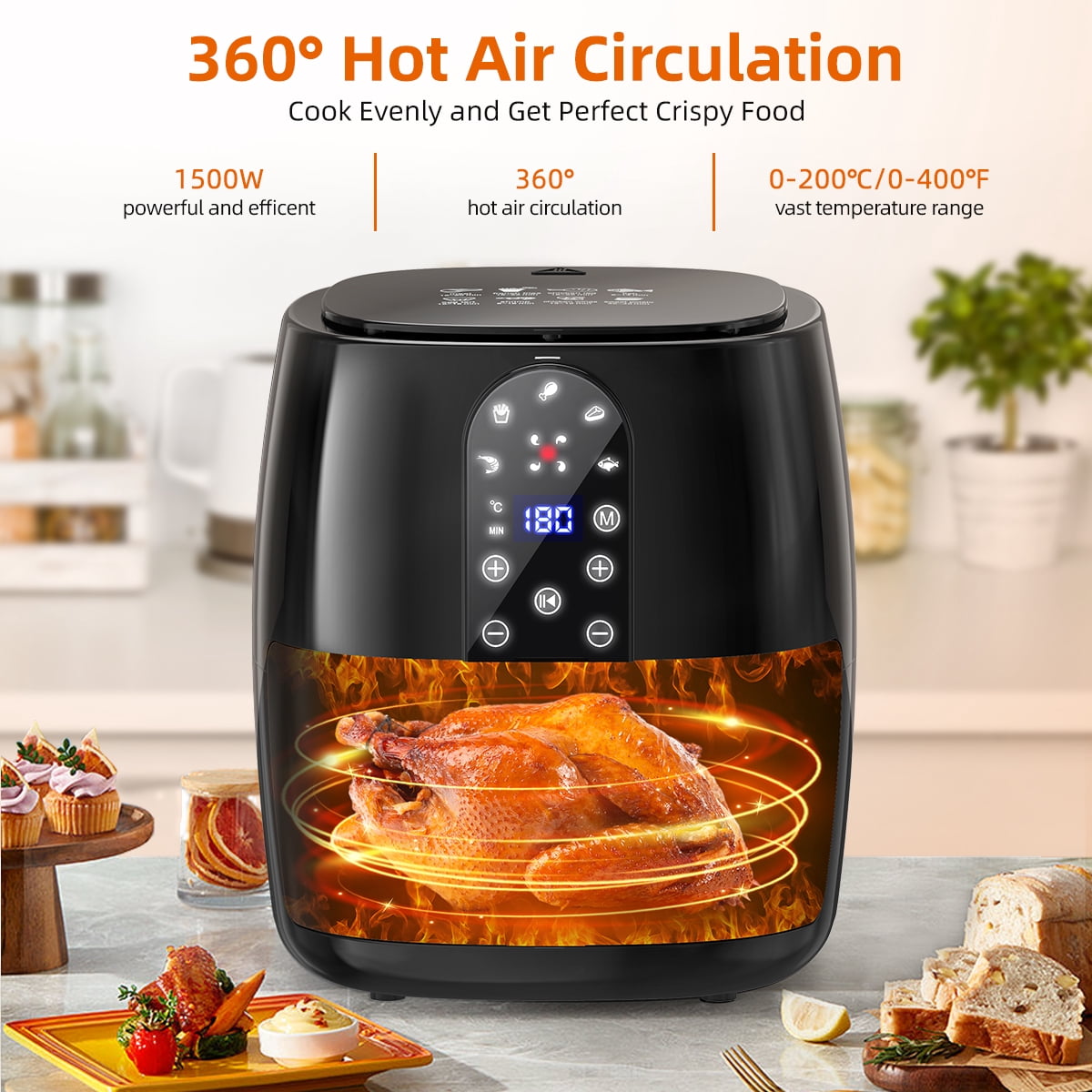GPED Air Fryer, 5.2QT Air Fryer Oven Oilless Cooker, 5-in-1 Hot Air Fryers with Digital LED Touch Screen, 5 Preset Cookings, Dishwasher-Safe Basket, Including Air Fryer Paper Liners 50PCS