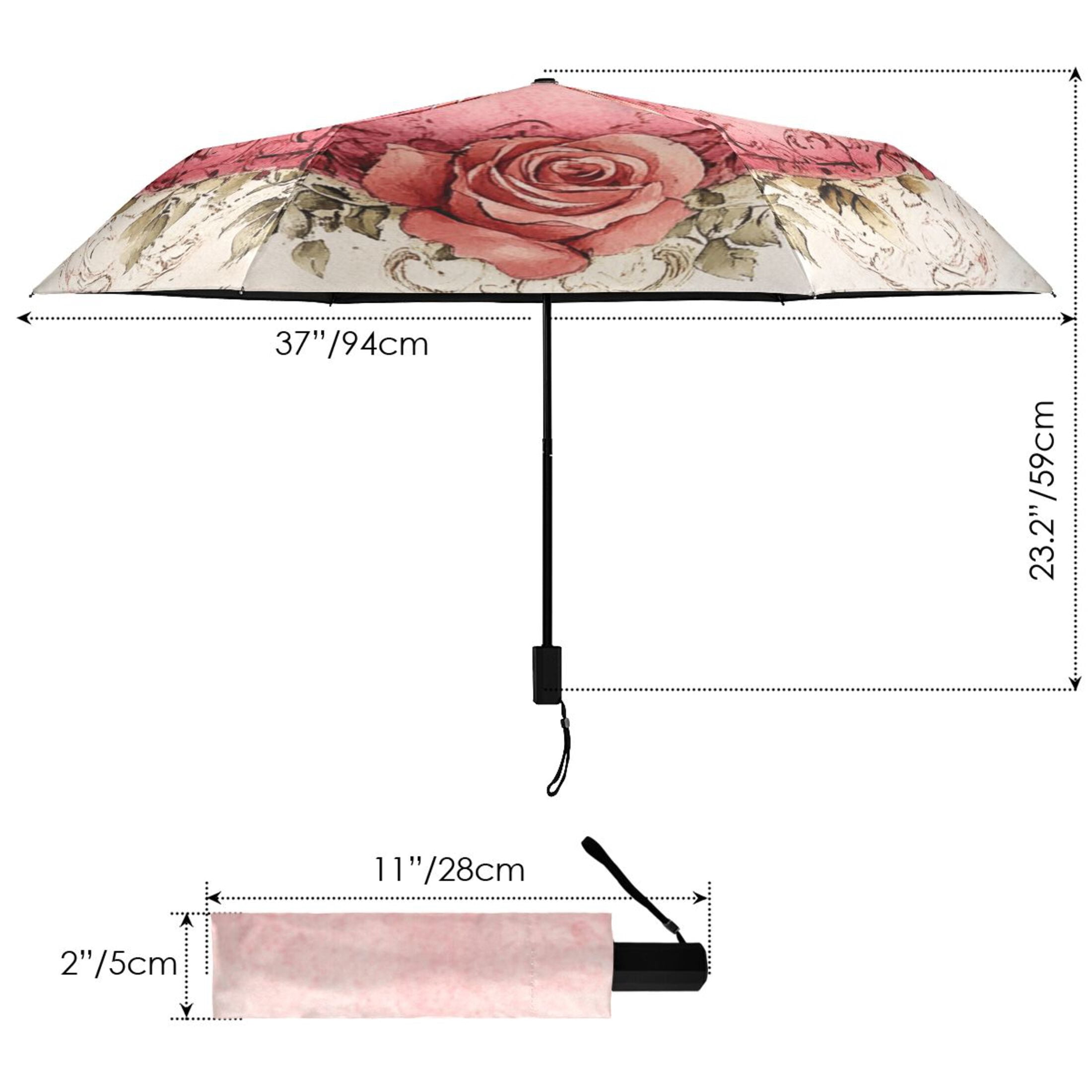 Beautiful Pink Heart with Roses Compact Sun Umbrella Windproof Travel Umbrellas for Rain Strong Portable UV Protection
