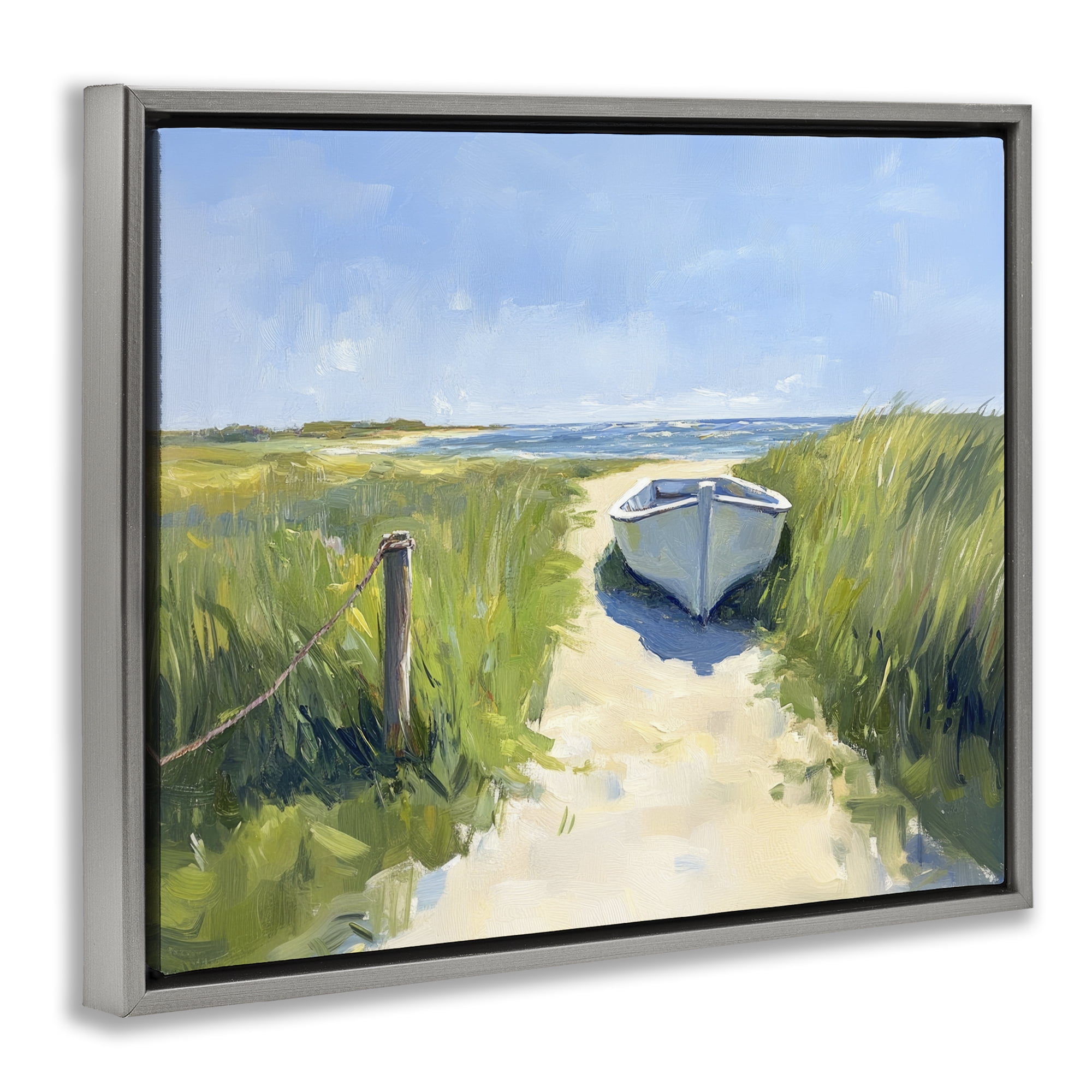 Stupell Industries Moored Boat on Path Gray Framed Floater Canvas Wall Art, design by Sisi and Seb