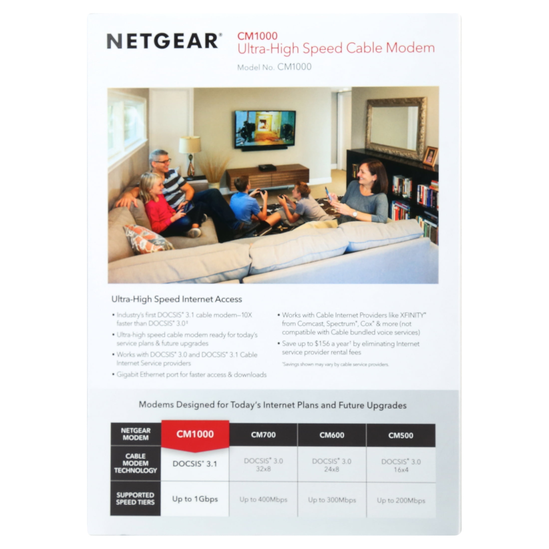 NETGEAR Ultra-High Speed Cable Modem DOCSIS® 3.1 for XFINITY® from Comcast, Spectrum® & Cox® (CM1000-100NAS)
