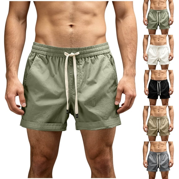 IhhxPro Men's Cotton Casual Shorts with Pockets Elastic Waist Drawstring Relaxed Fit Summer Breathable Solid Loose Plain Everyday Activewear M-3XL